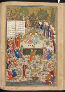  Humay and Humayun in the garden, from the Khamsa of Kwaju Kirmani  Baghdad , dated Jumada I 798 (March 1396)  Height: 32 cm; width: 24 cm (closed)  © The British Library Board, BL Add.18113, f.40v