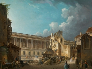 Pierre-Antoine Demachy (1723-1807) Clearing the Area in Front of the Louvre Colonnade, View taken from the Ruins of the Hotel du Petit Bourbon, c. 1764 Oil on panel, 49 x 64 cm Deborah Gage (Works of Art) Ltd