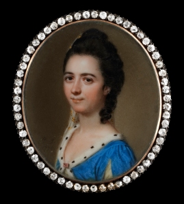A Lady, identified as ‘Miss Byron’ by John Smart.  Watercolour, diamond-edged gold frame, inscribed on the reverse ‘Portrait of/Miss Byron/by John Smart/signed J.S.1770’ in shagreen travelling case, oval,38mm(1.in.) high. ©PhilipMould&Company.