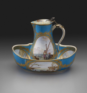 Factory: Sèvres Porcelain Manufactory Painted by: Jean-Louis Morin (active 1754- 1787) Gilded by: Henri-Martin Prévost aîné (active 1757- 1797) Water Jug with Marine Scenes, Turquoise Blue Ground, 1781 soft-paste porcelain 8 1/4 x 5 5/8 x 5 1/8 in. (21 x 14.3 x 13 cm) Gift of Miss Helen Clay Frick, 1934 Accession number: 1934.9.44